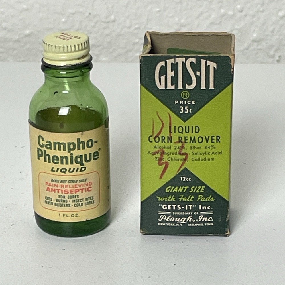 Vintage Campho Phenique & Gets-It Corn Remover Bottles Box Medical Pharmacy Lot